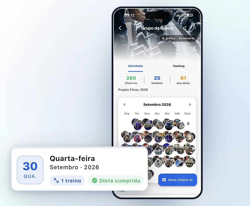 App do Fitney com o grupo de alunos, ranking e check-ins do dia