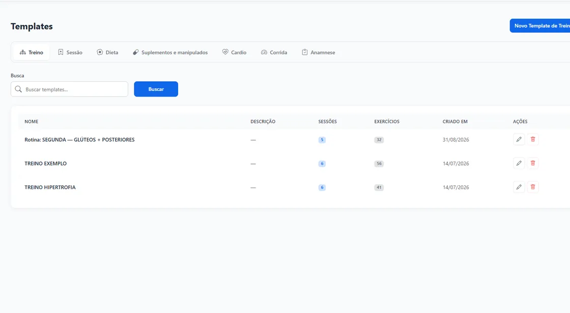 Lista de templates de treino do Fitney com número de sessões e exercícios de cada um